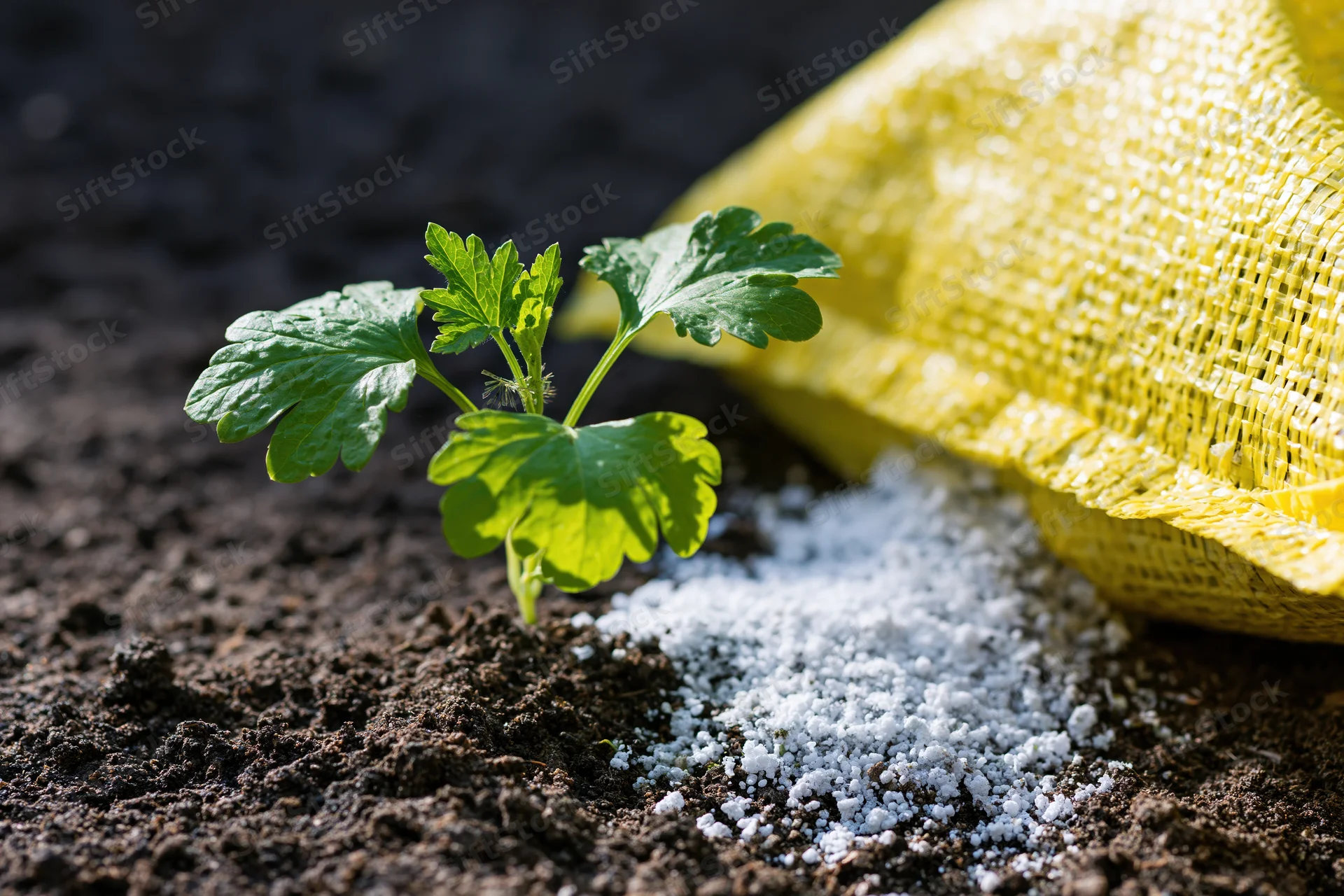 Small green seedling with lobed leaves growing in dark soil beside white granular fertilizer and yellow mesh bag