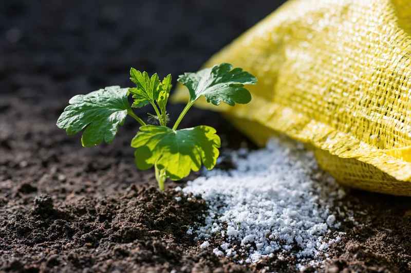 Small green seedling with lobed leaves growing in dark soil beside white granular fertilizer and yellow mesh bag