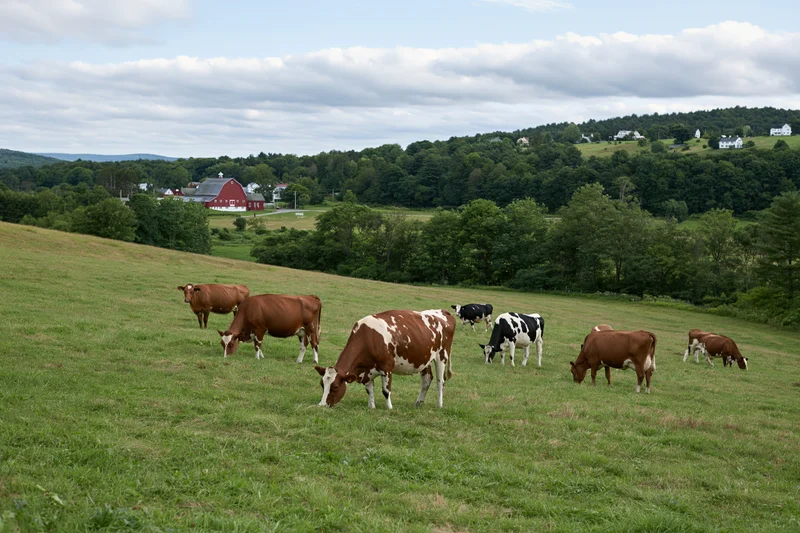 Small herd of brown and black-and-white dairy cows grazing