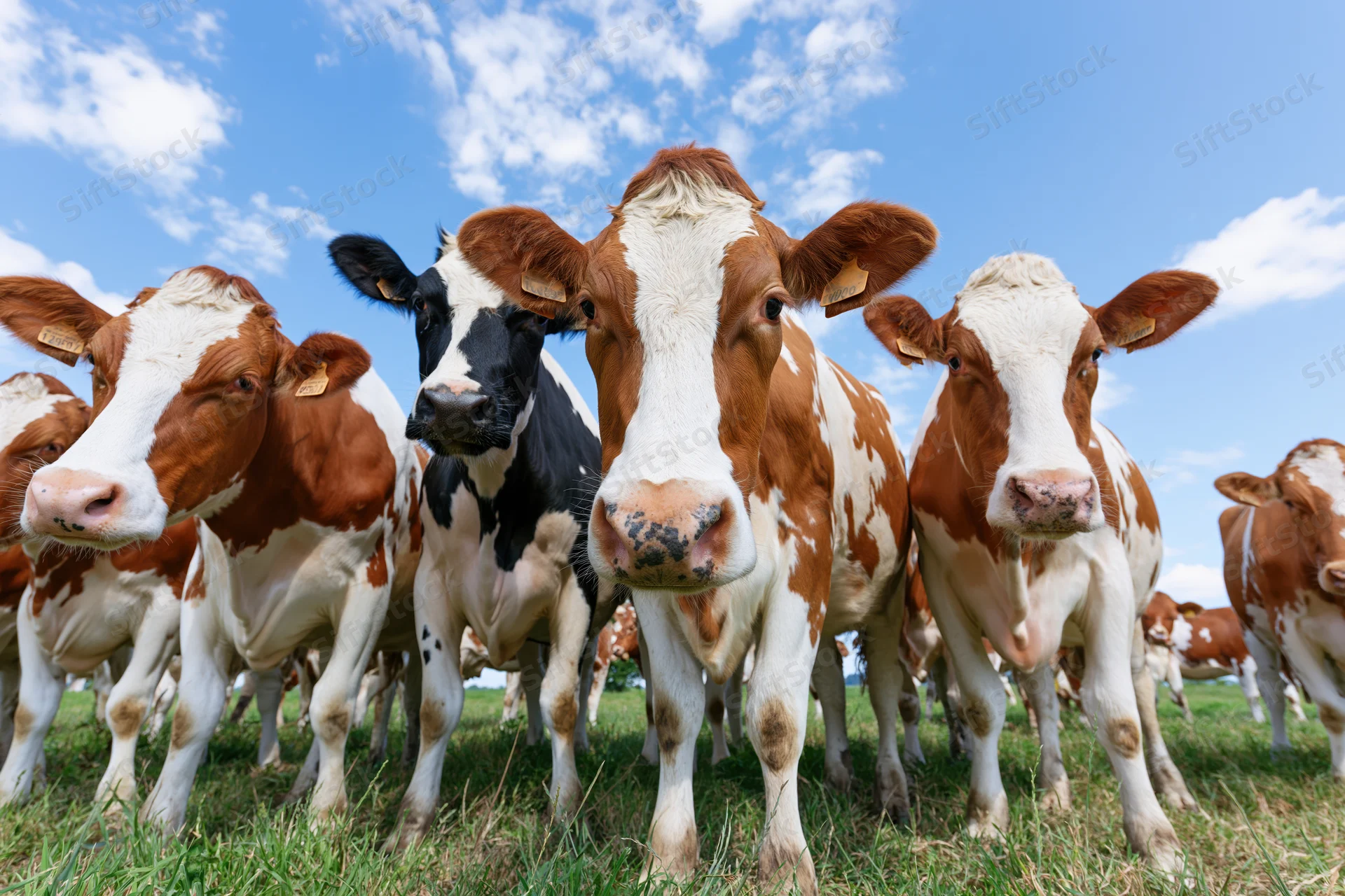 Herd of dairy cows standing in a grassy pasture under a blue sky