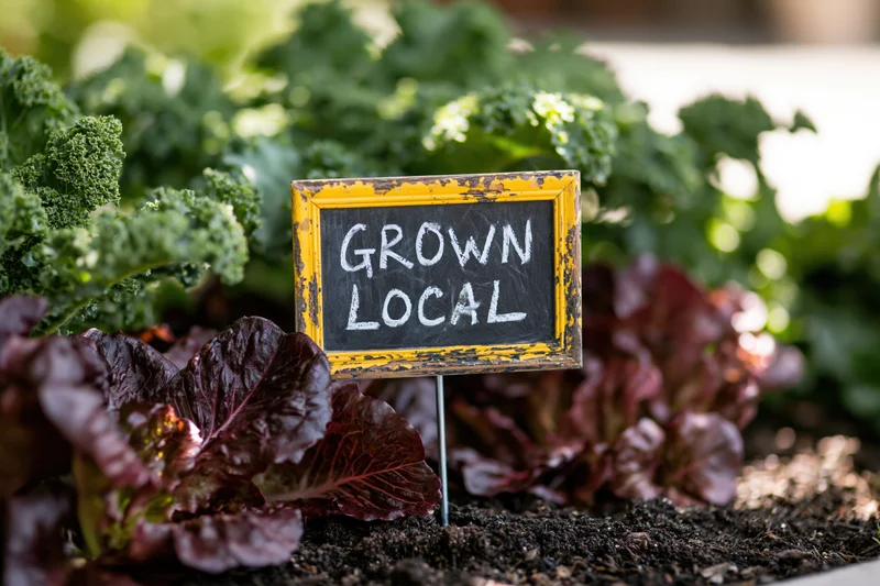 Weathered yellow-framed chalkboard sign reading grown local in a garden bed with leafy vegetables and soil