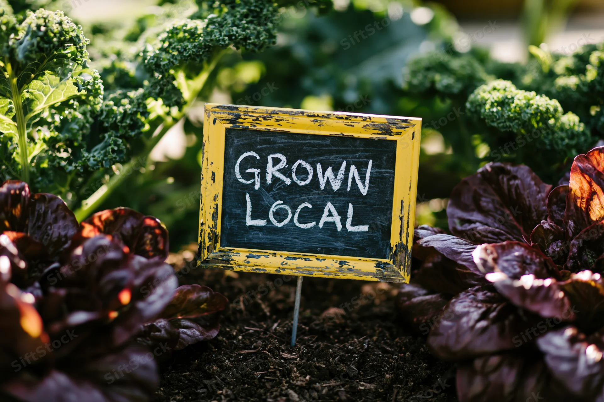 Weathered yellow-framed chalkboard sign reading grown local in a vegetable garden surrounded by kale and red lettuce