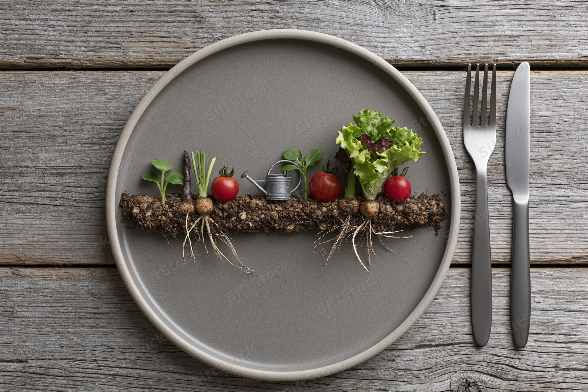 Cross-section of garden soil with vegetables and roots on a plate with cutlery on wooden surface