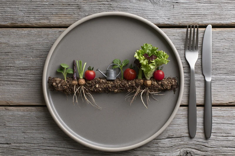 Cross-section of garden soil with vegetables and roots on a plate with cutlery on wooden surface