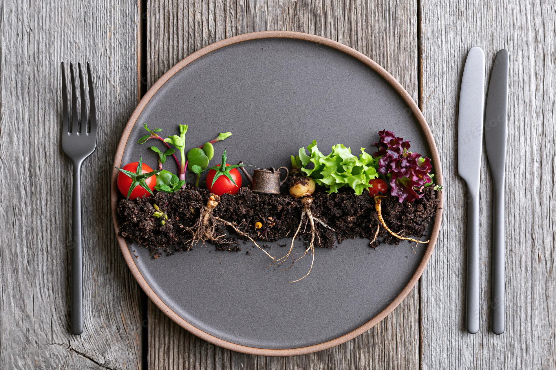 Cross-section of garden soil with growing vegetables on a plate in a flat-lay arrangement on wooden table with cutlery