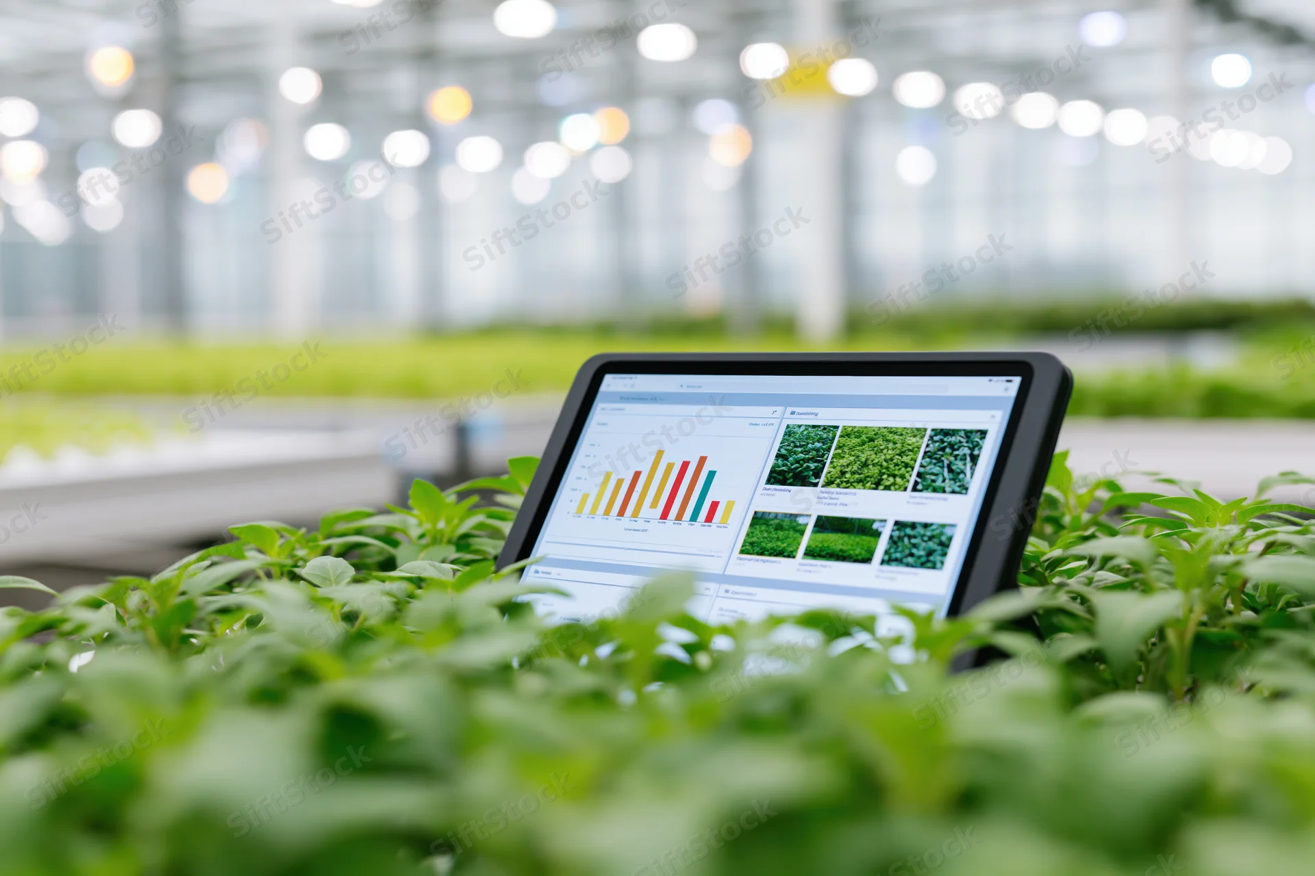 Tablet displaying crop data and plant images among leafy green seedlings in a greenhouse