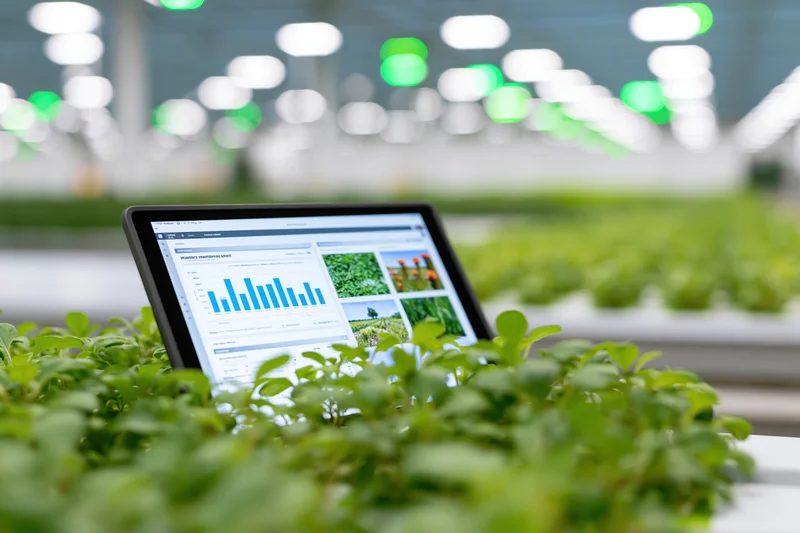 Tablet displaying crop data among leafy green seedlings in a greenhouse