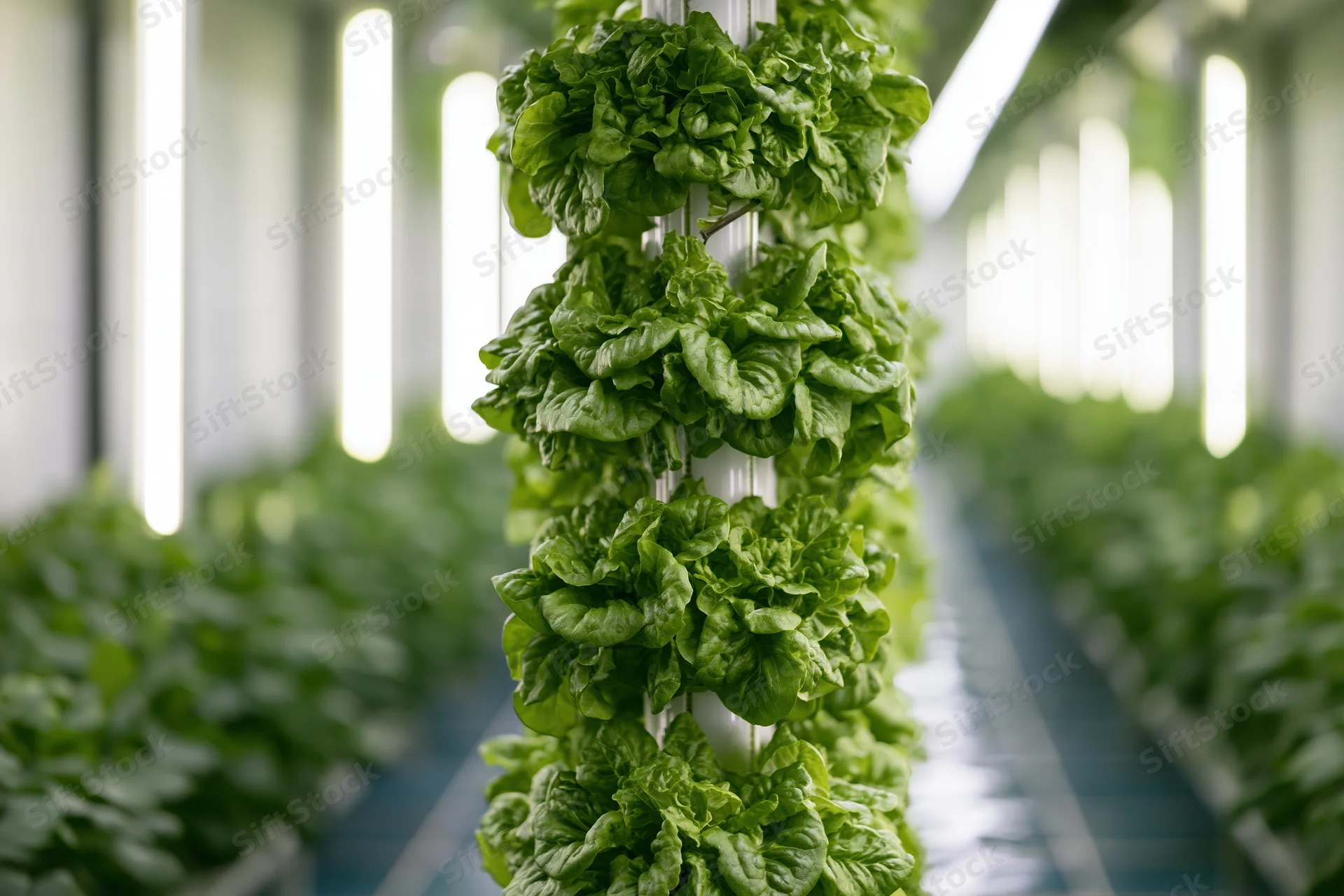 Vertical hydroponic tower growing lettuce indoors under led lights