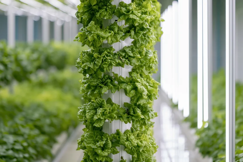 Vertical hydroponic tower growing lettuce in a greenhouse with artificial lighting