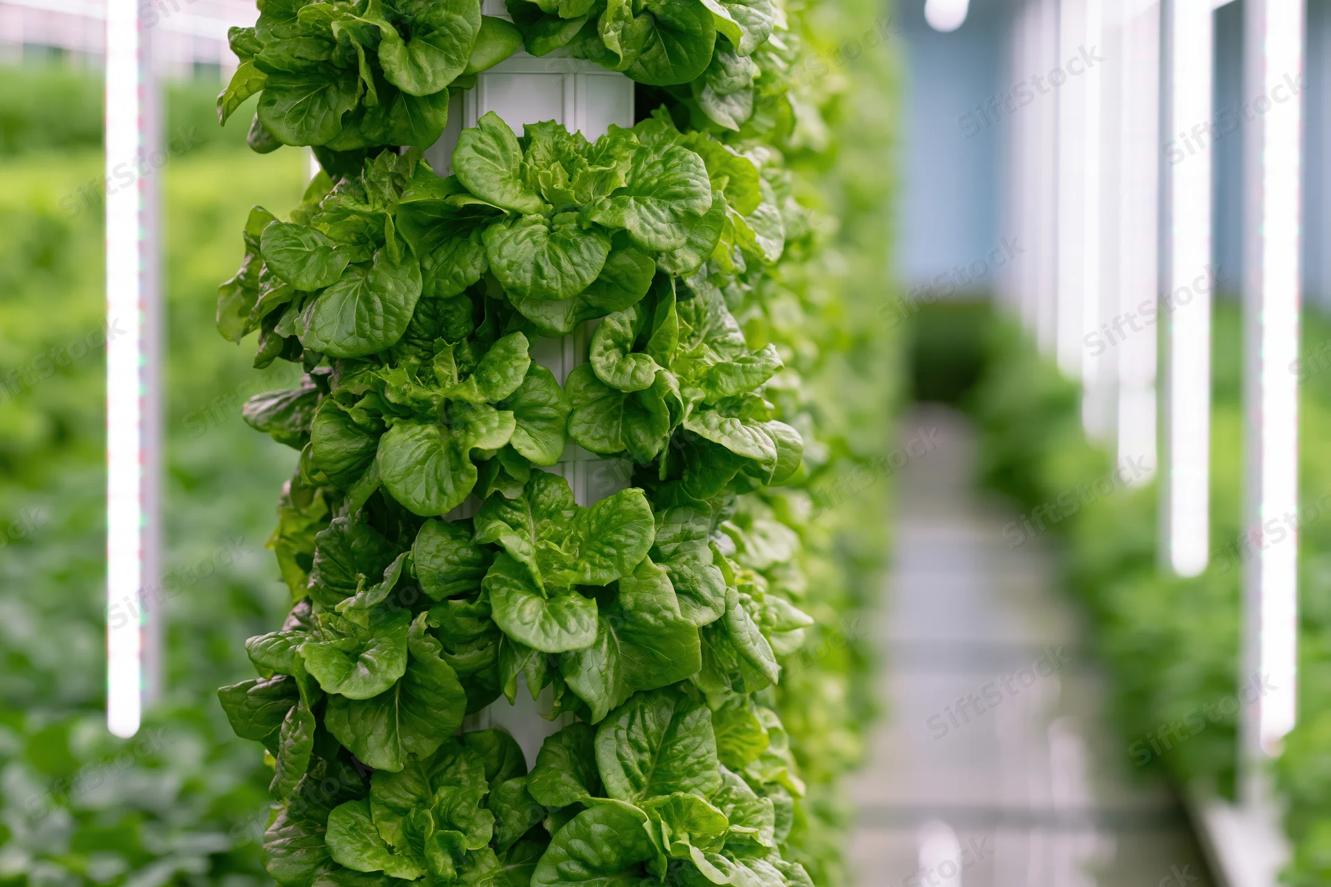 Vertical hydroponic tower growing lettuce in an indoor farm with led lighting and rows of plants along a pathway