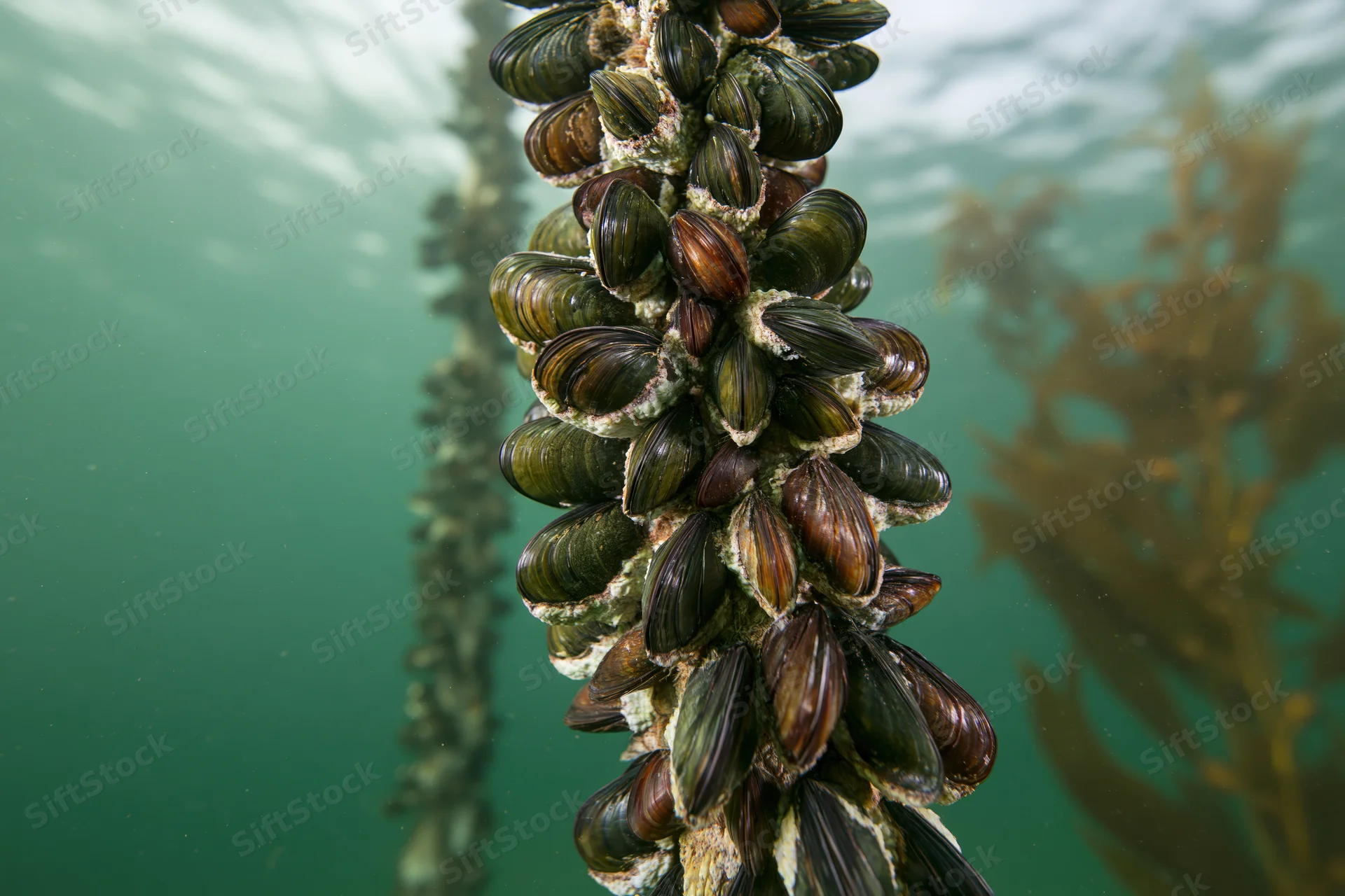 Vertical rope densely covered in clusters of live mussels underwater near seaweed in ocean water