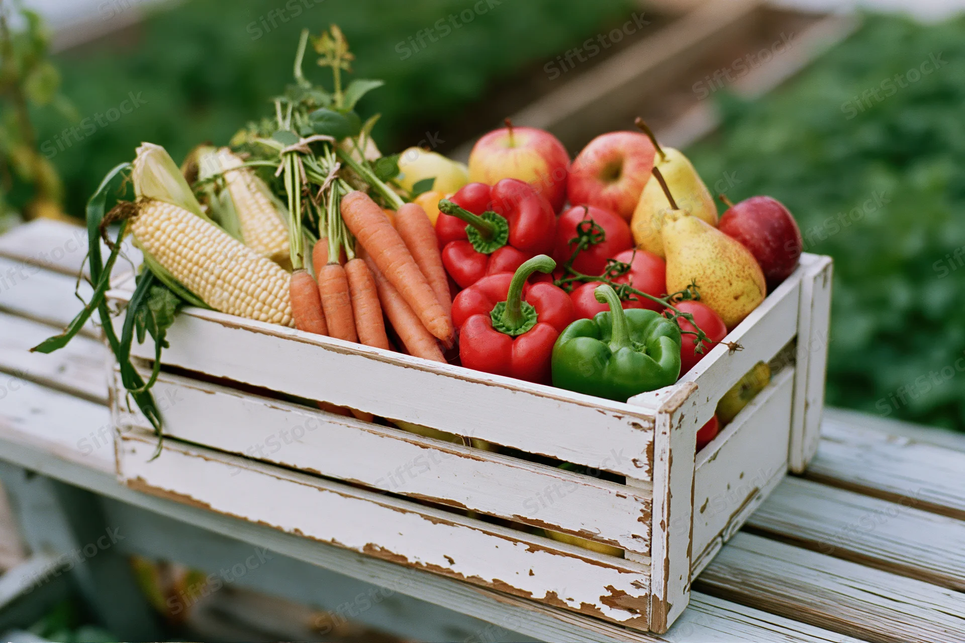 Weathered white wooden crate filled with fresh harvest of corn, carrots, bell peppers, apples, and pears on a garden bench