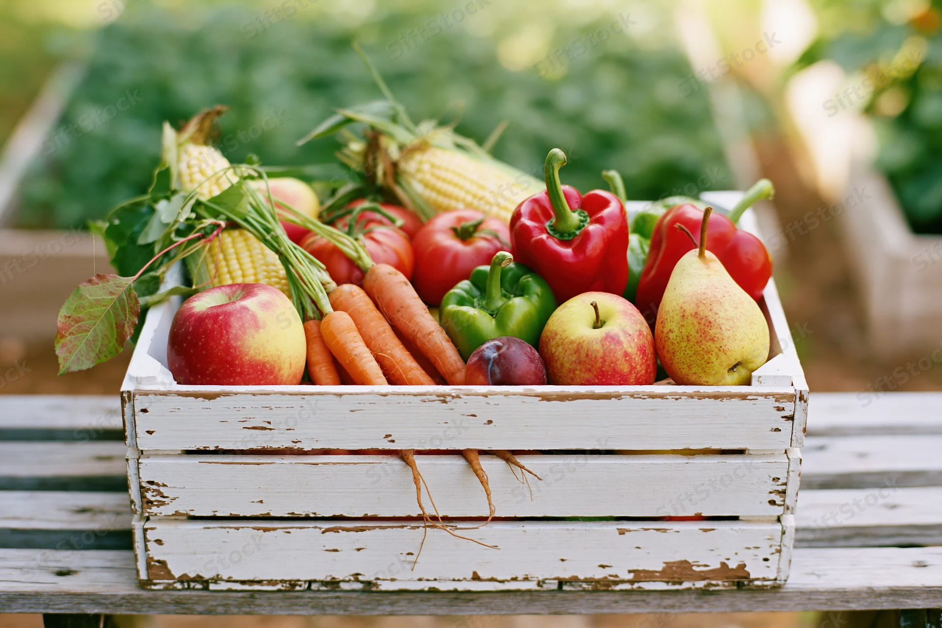 Weathered white wooden crate filled with fresh harvest vegetables and fruits on a garden bench