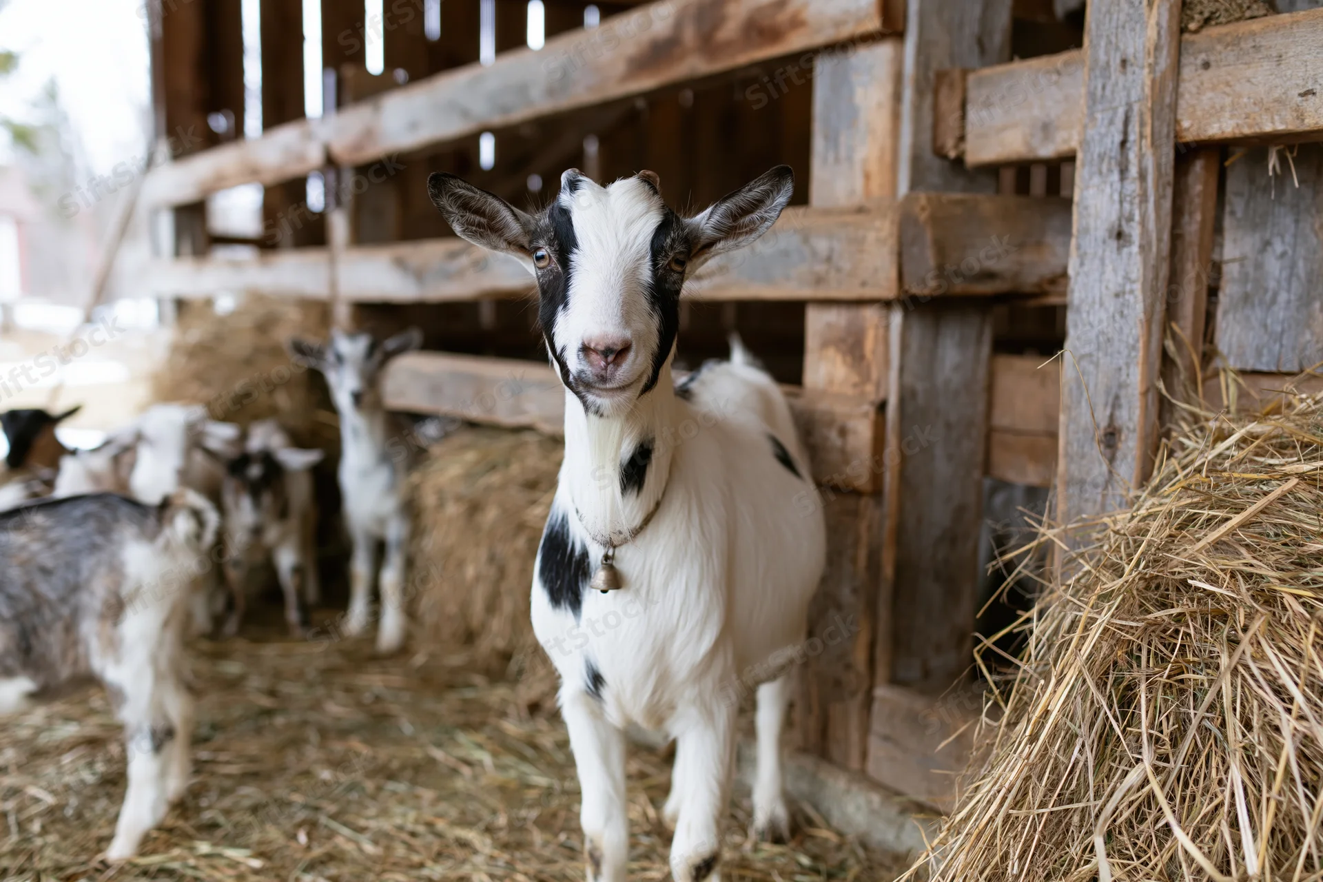 White and black goat standing in a rustic wooden barn with hay and other goats in the background