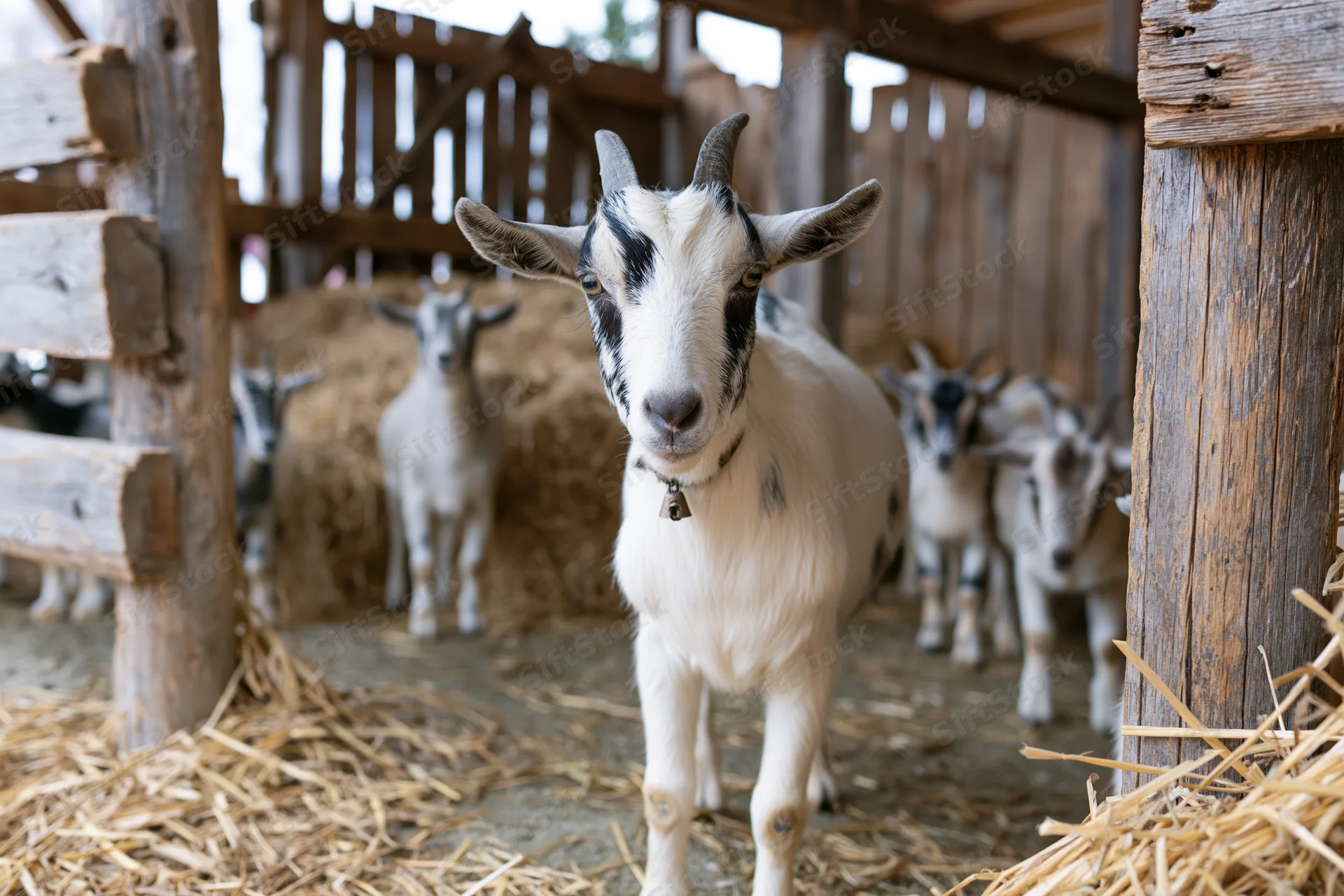 White and black goat standing in a rustic wooden barn with hay and other goats in the background
