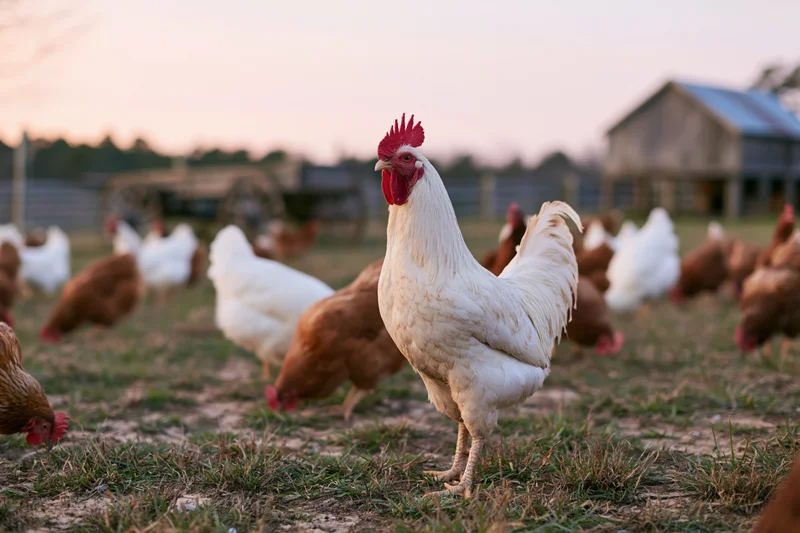 White rooster standing alert in a free-range farm field with chickens and a barn in the background at dusk