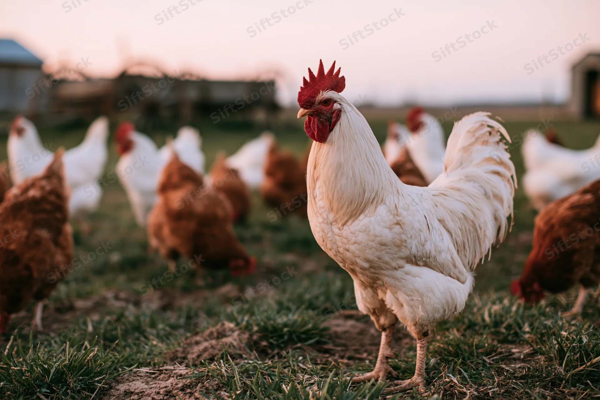 White rooster standing alert in a free-range farm field with chickens grazing around at sunset