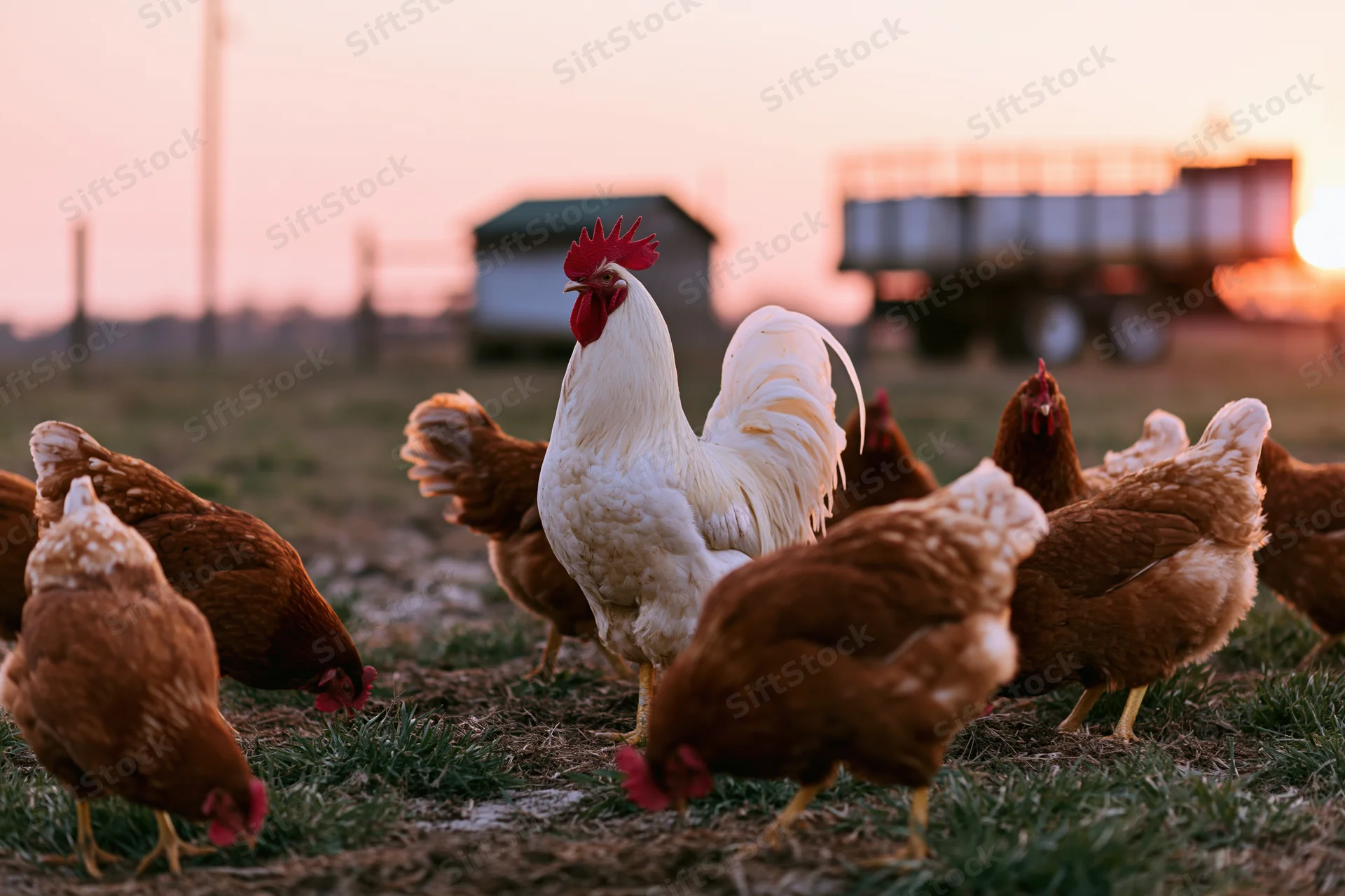 White rooster standing among brown hens pecking grass in a farm field at sunset