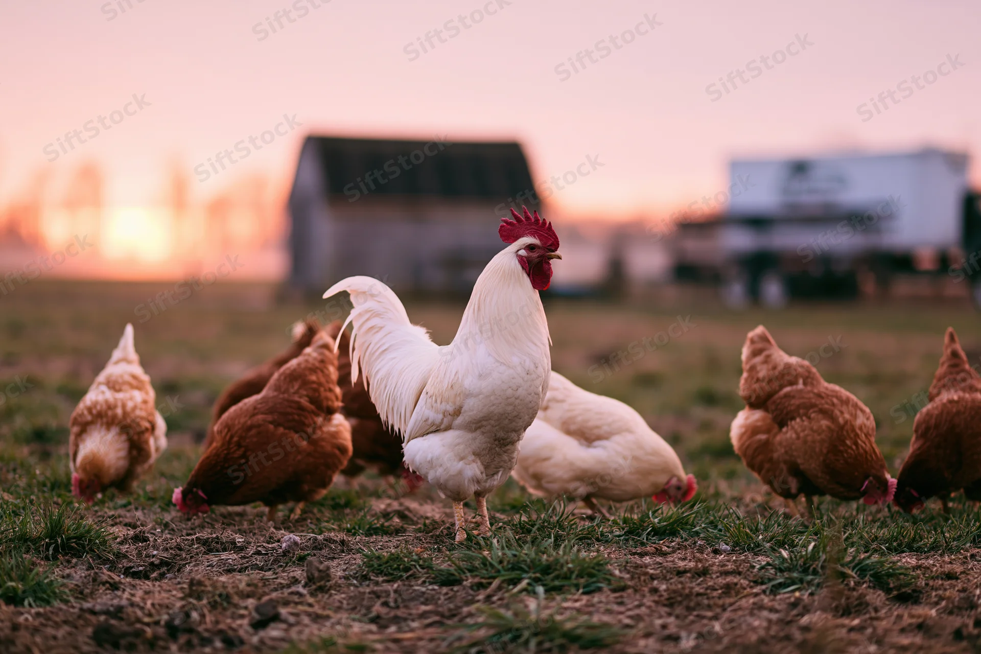 White rooster standing among brown hens pecking in a grassy field at sunset near a barn