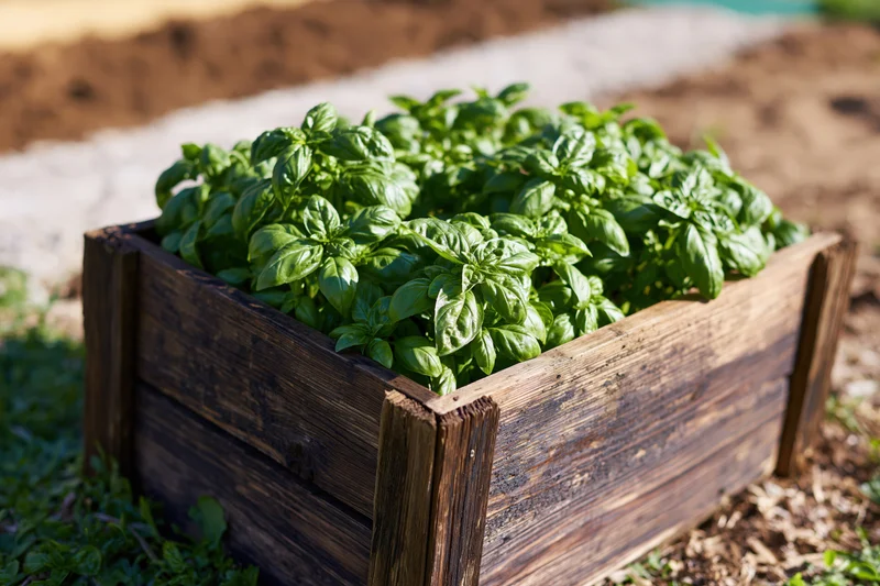 Fresh basil plants growing in a wooden crate in a garden bed