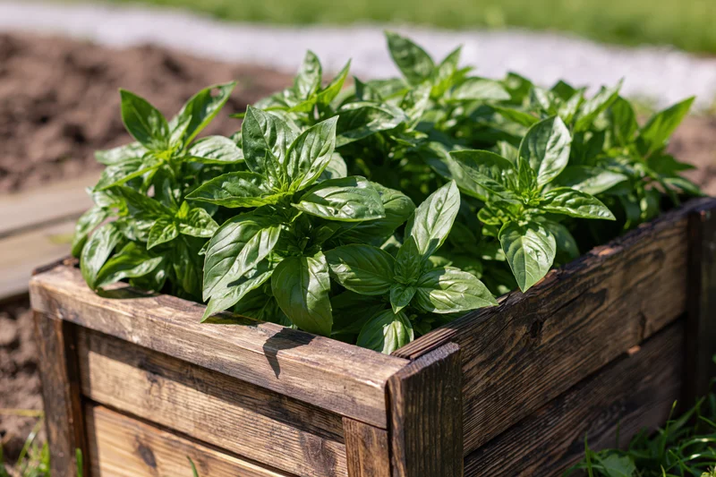 Fresh basil plants growing in a wooden crate outdoors in a garden
