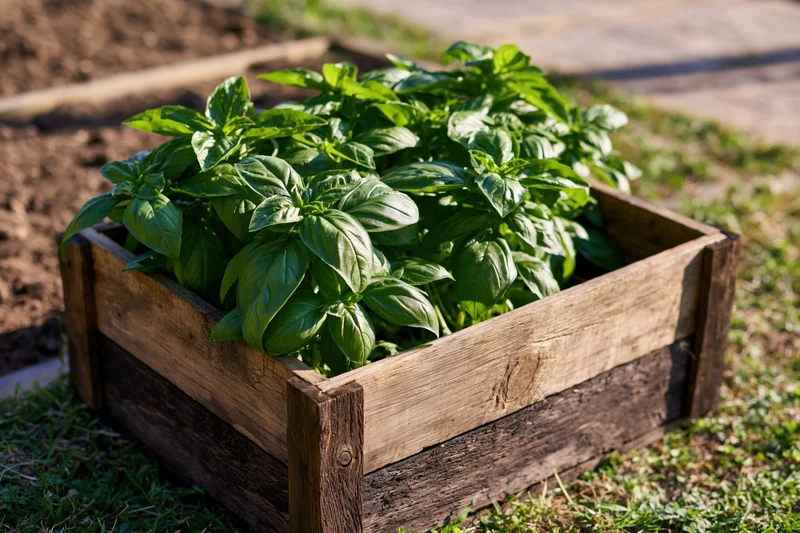 Fresh basil plants growing in a wooden crate on a grassy garden bed