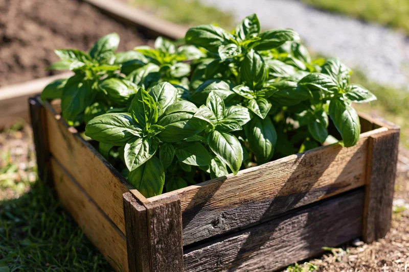 Fresh basil plants growing in a wooden crate outdoors in a garden