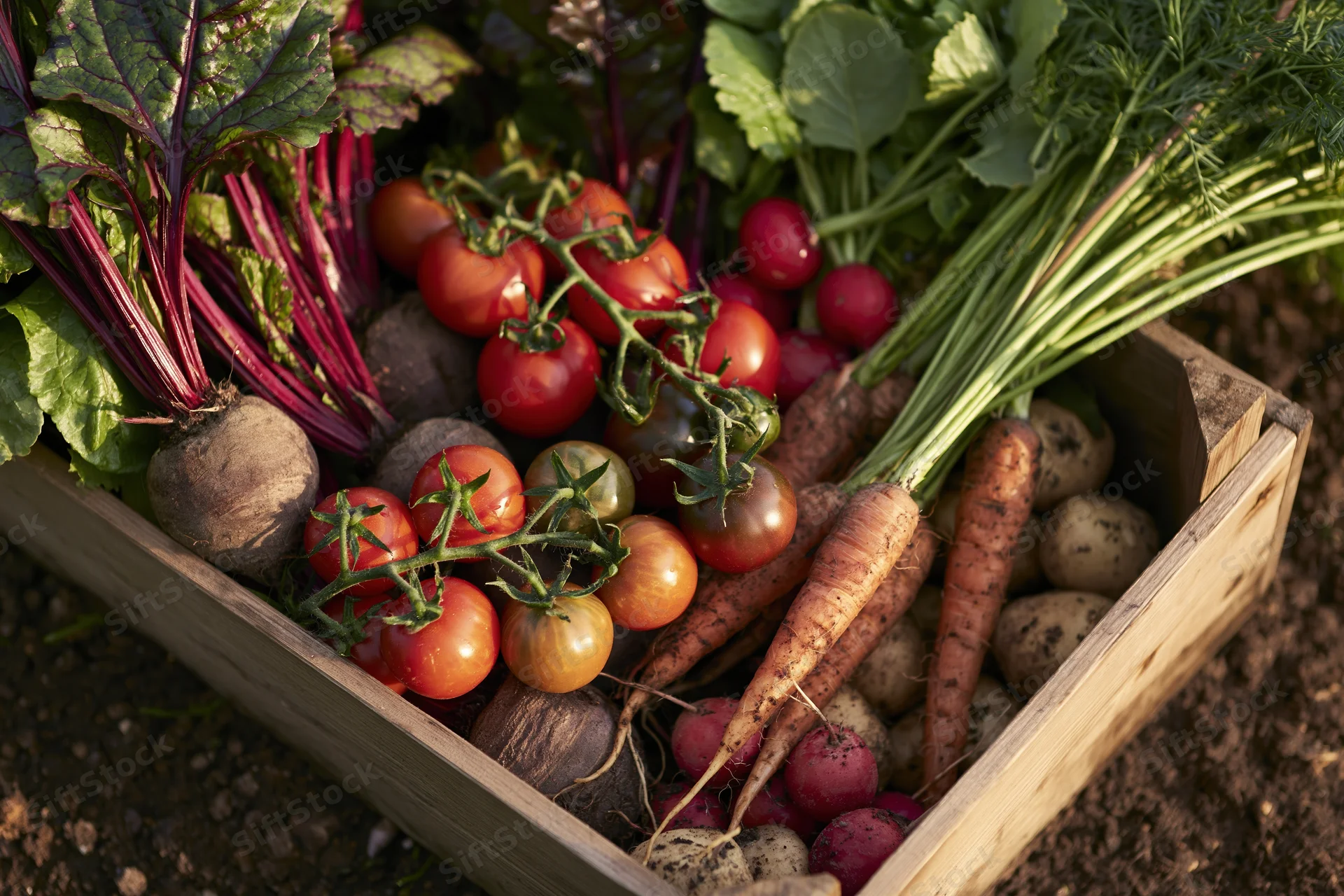 Wooden crate filled with freshly harvested vegetables arranged on soil