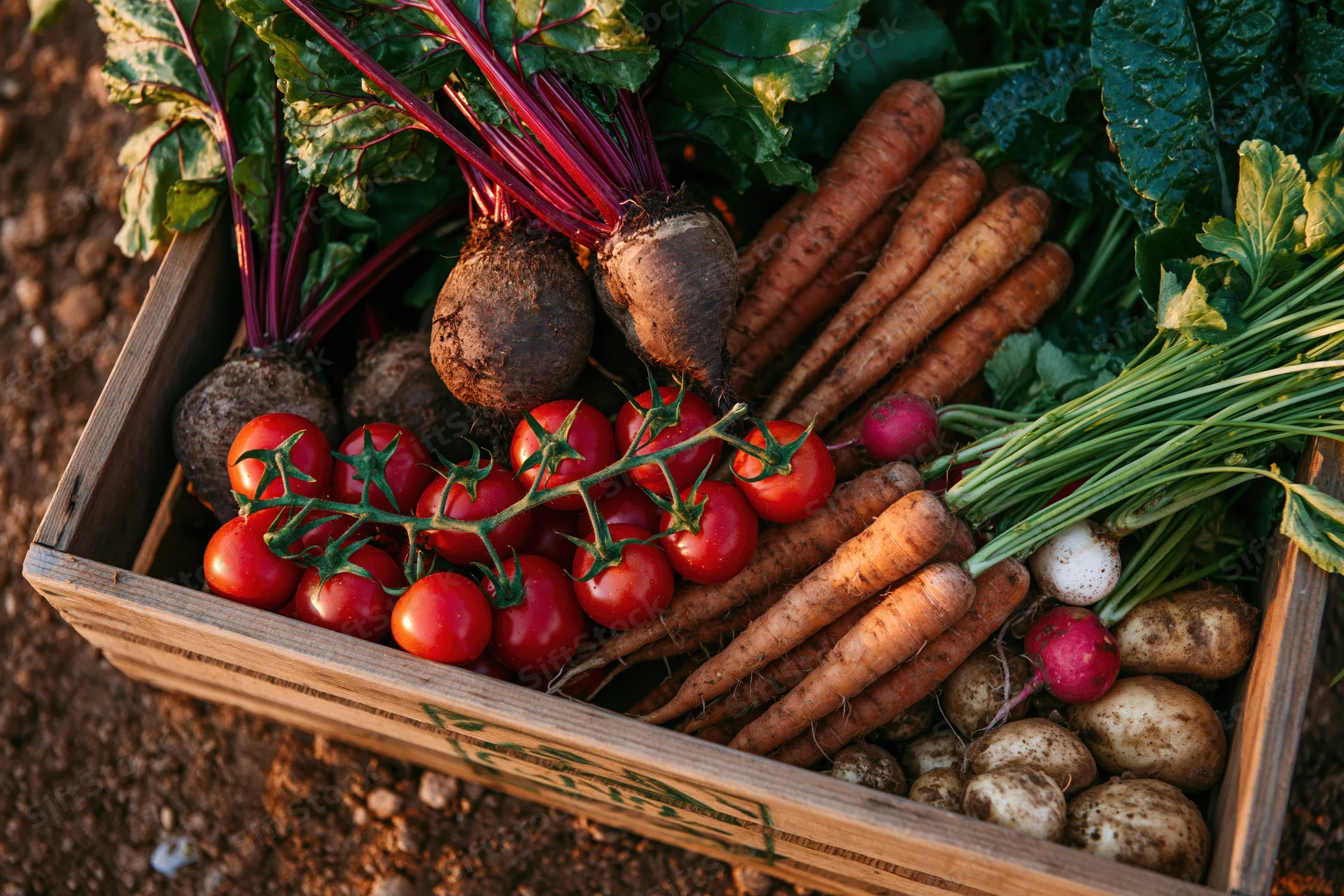 Wooden crate filled with freshly harvested vegetables including tomatoes, carrots, beets, potatoes, and radishes on soil background