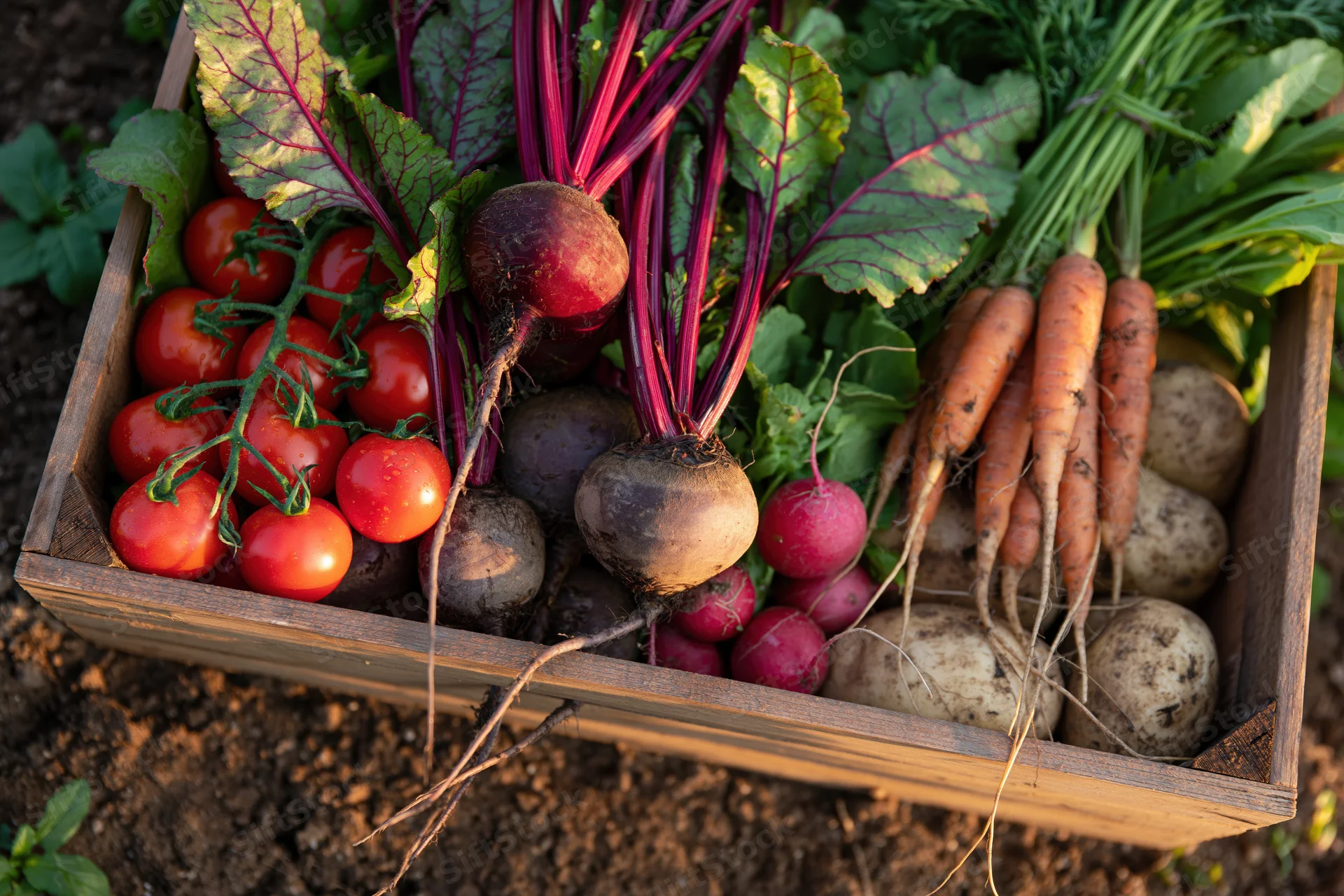 Wooden crate filled with freshly harvested vegetables resting on soil in a garden