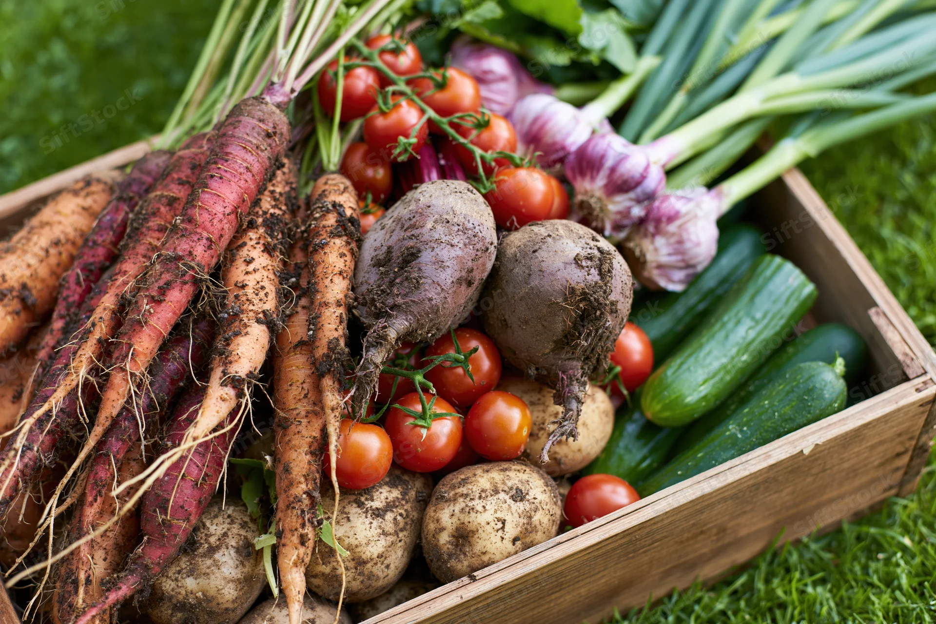 Wooden crate overflowing with freshly harvested garden vegetables on grass