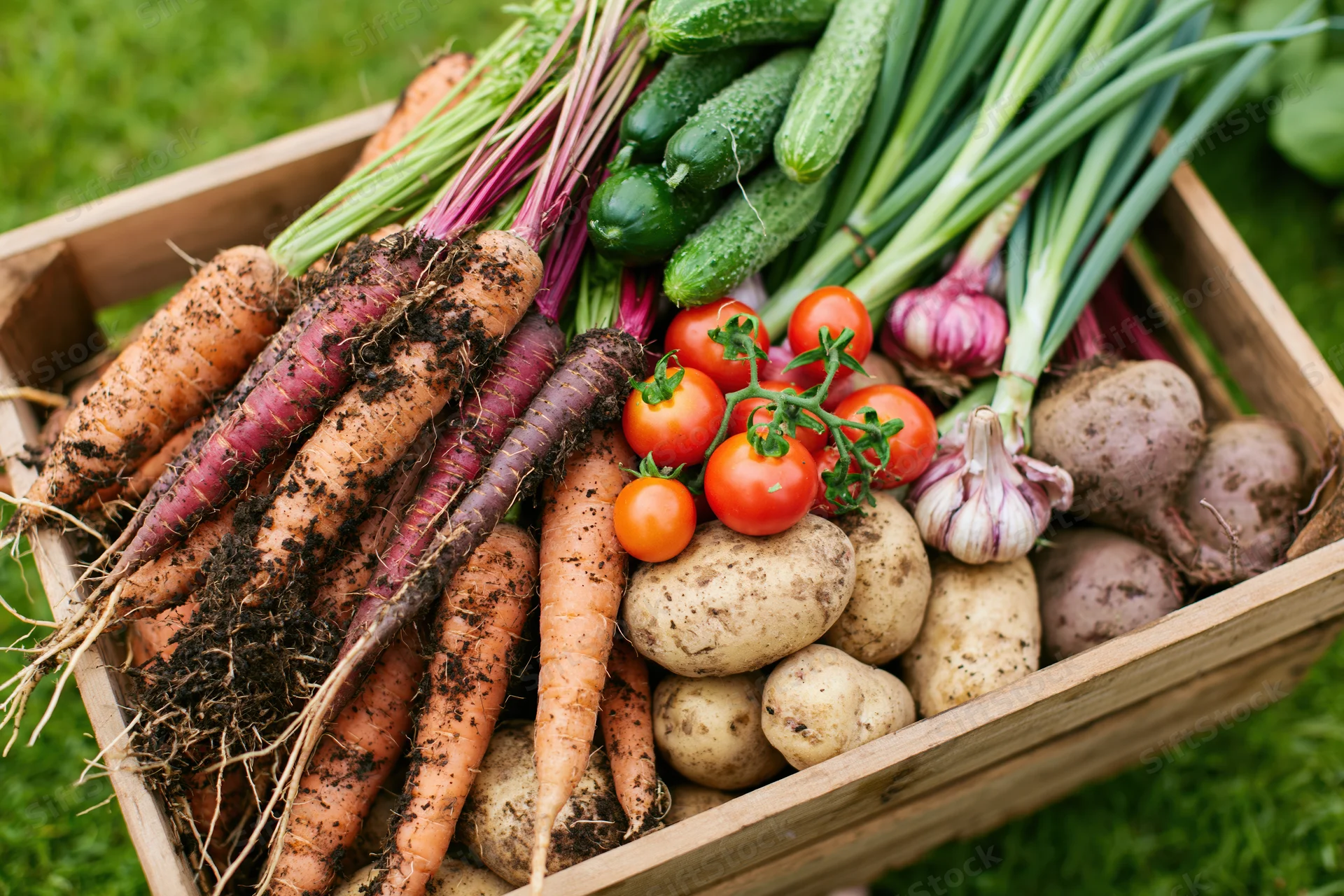 Wooden crate overflowing with freshly harvested garden vegetables on grass