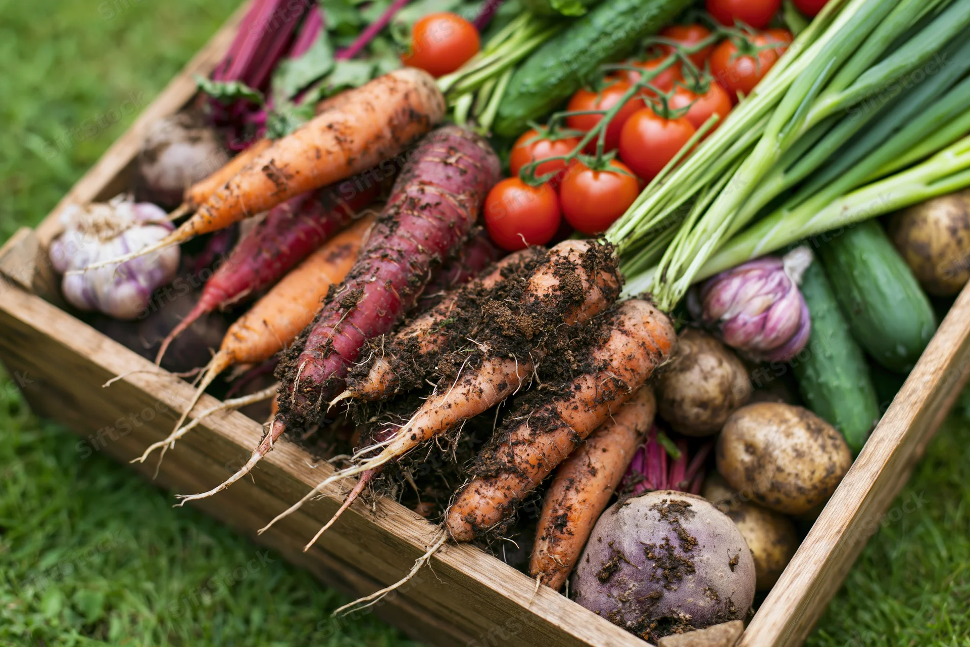 Wooden crate overflowing with freshly harvested garden vegetables on grass
