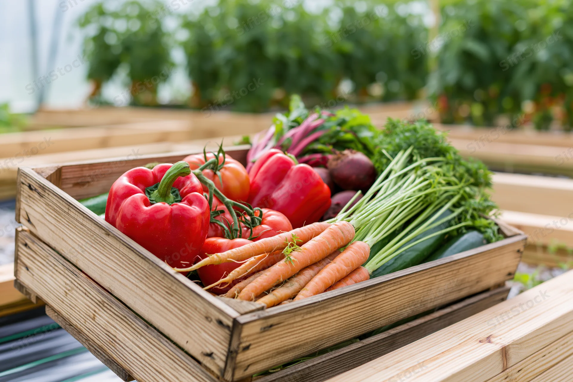 Wooden crate filled with fresh vegetables arranged in a greenhouse garden setting