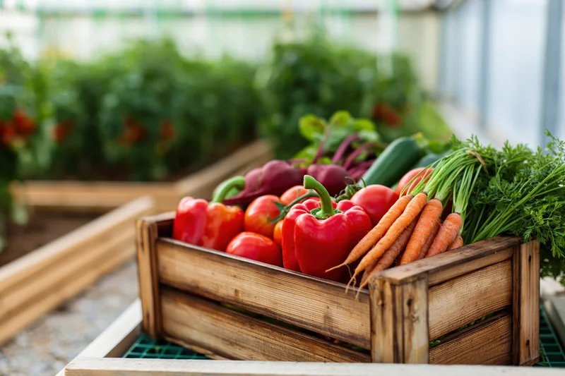 Wooden crate filled with fresh vegetables in a greenhouse garden