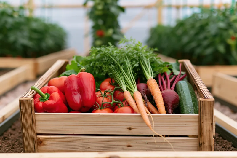 Wooden crate filled with fresh vegetables in a garden bed