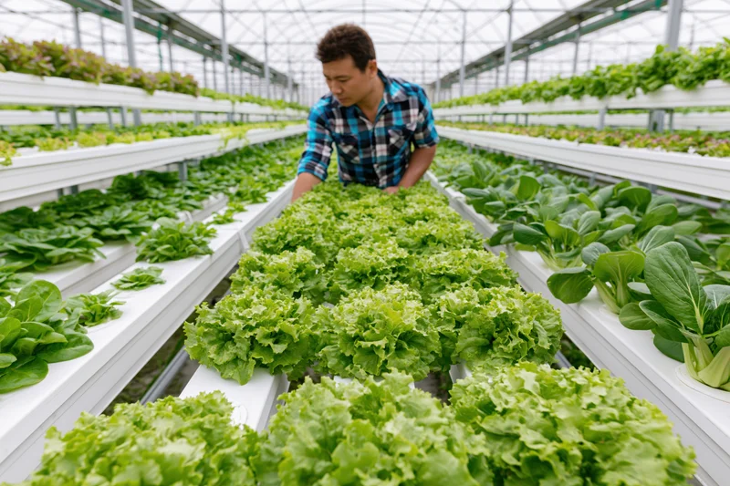 Man inspecting lettuce crops in a hydroponic greenhouse
