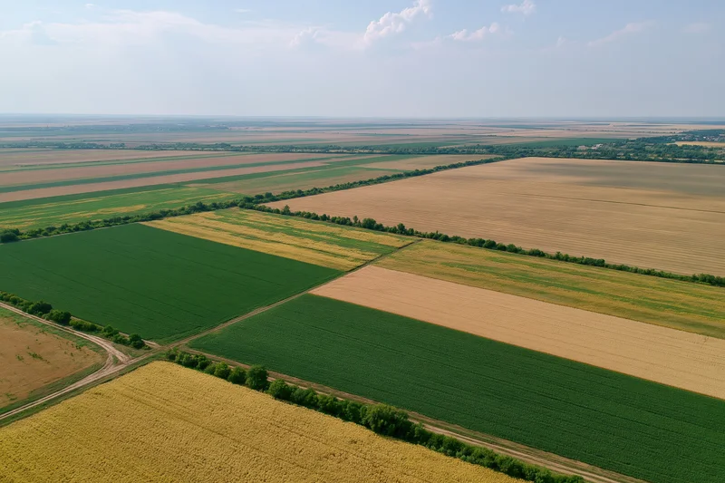 Aerial view of patchwork farmland with alternating crops and hedgerows under a partly cloudy sky