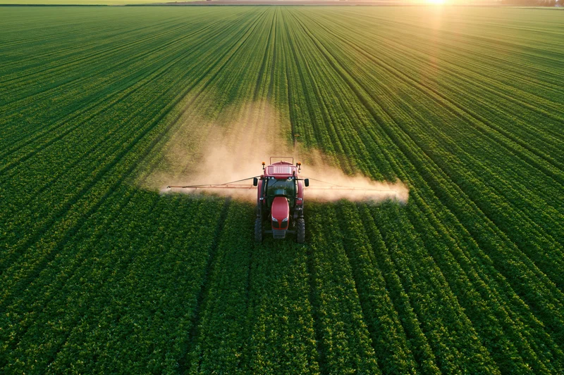 Aerial drone view of a red tractor spraying pesticide mist