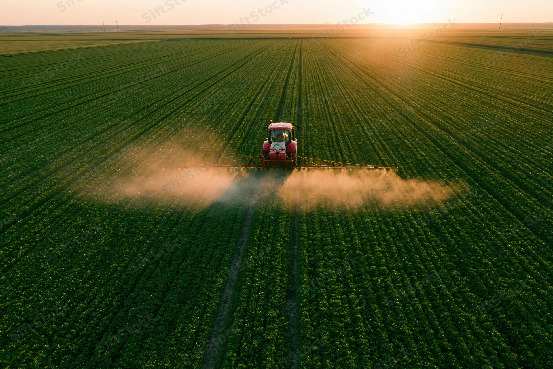 Red tractor spraying pesticide mist across green crop field at sunset from aerial drone view