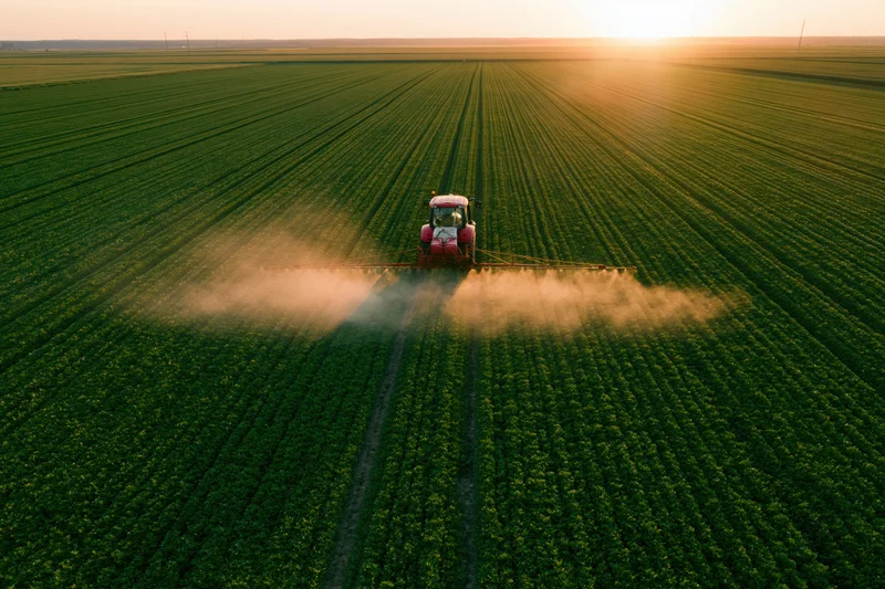 Red tractor spraying pesticide mist across green crop field at sunset from aerial drone view