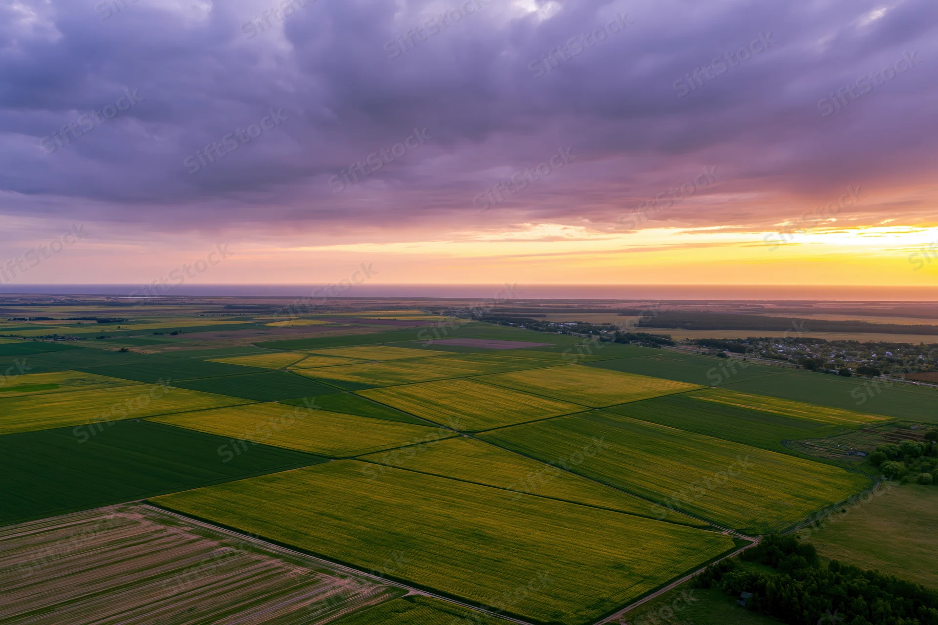 Aerial drone view of flat agricultural fields divided into rectangular plots of yellow canola and green crops under a dramatic sunset sky