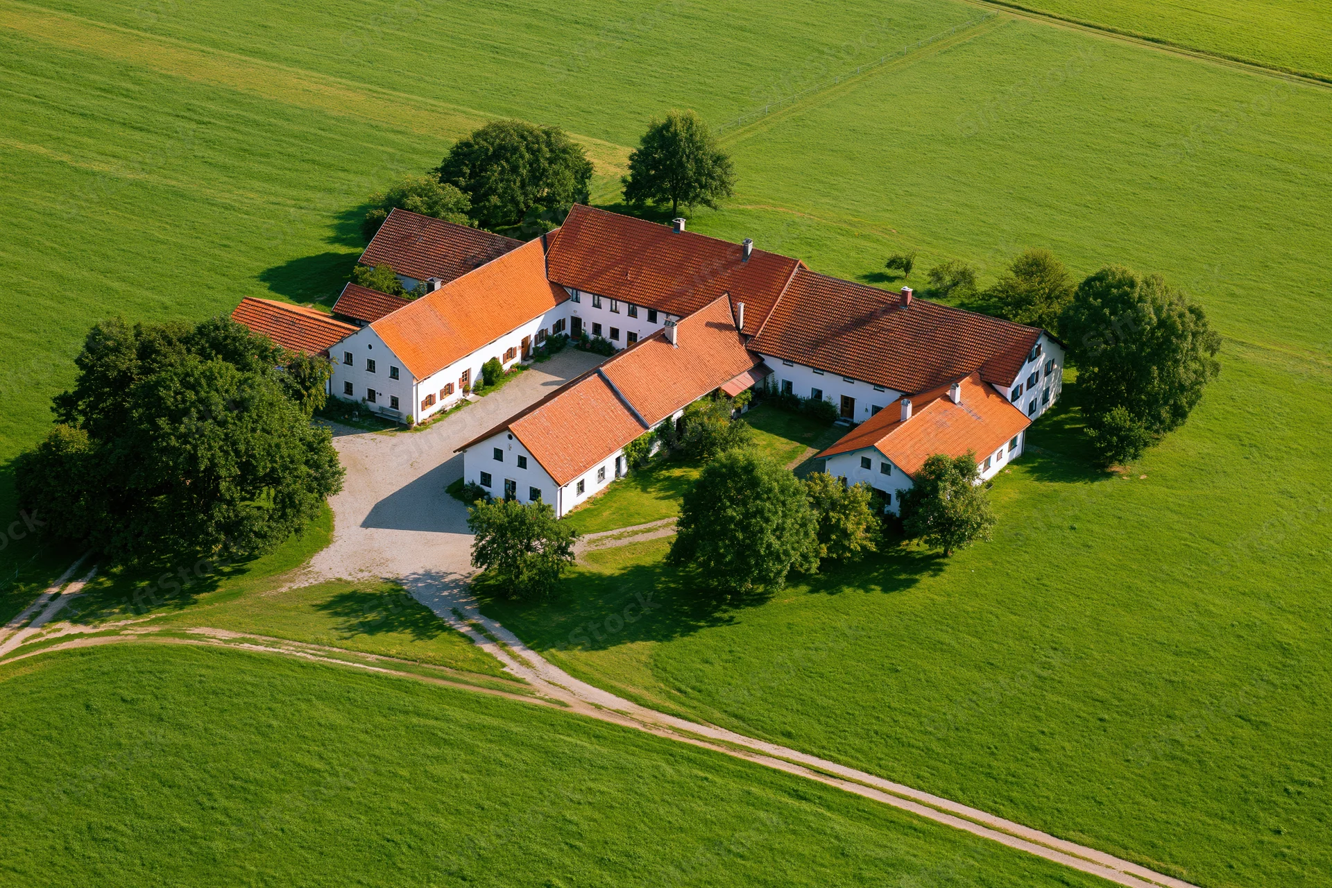 Aerial view of a bavarian farmstead with white-walled buildings arranged around a central courtyard surrounded by green fields and trees