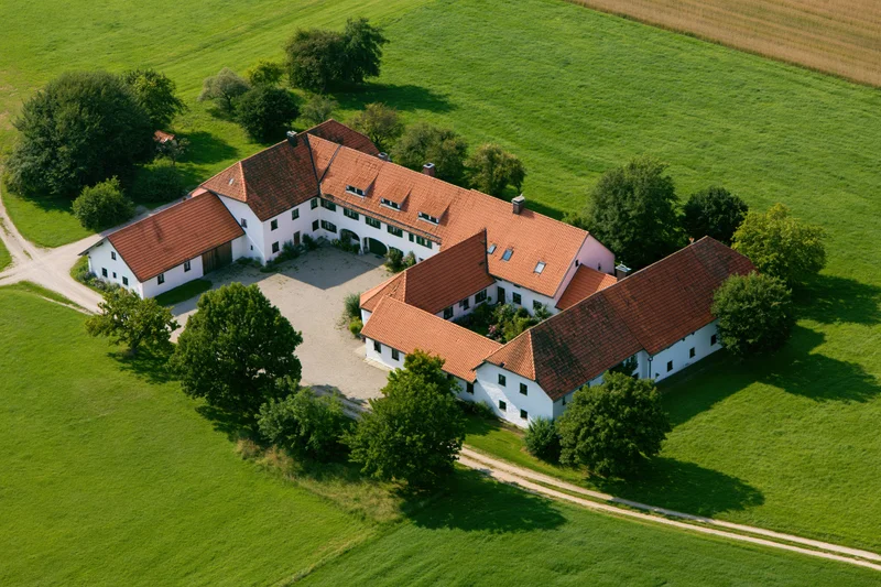 Aerial view of a bavarian farmstead with white-walled buildings and red-tiled roofs arranged around a gravel courtyard surrounded by green fields and trees