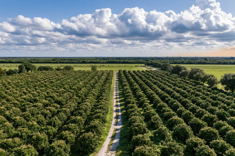 Aerial view of rows of citrus orange grove trees stretching across a rural farm field under a blue sky with clouds