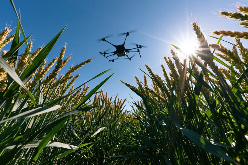 Hexacopter drone flying low over wheat field under bright sun