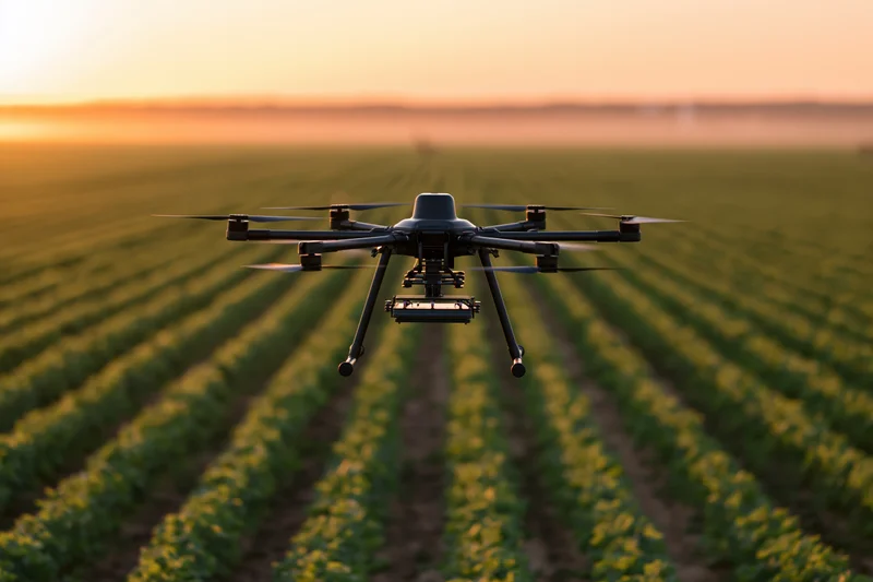 Agricultural hexacopter drone hovering low over neat rows of crops in a field at sunset