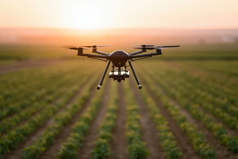Agricultural hexacopter drone hovering low over neat rows of crops in a field at sunset