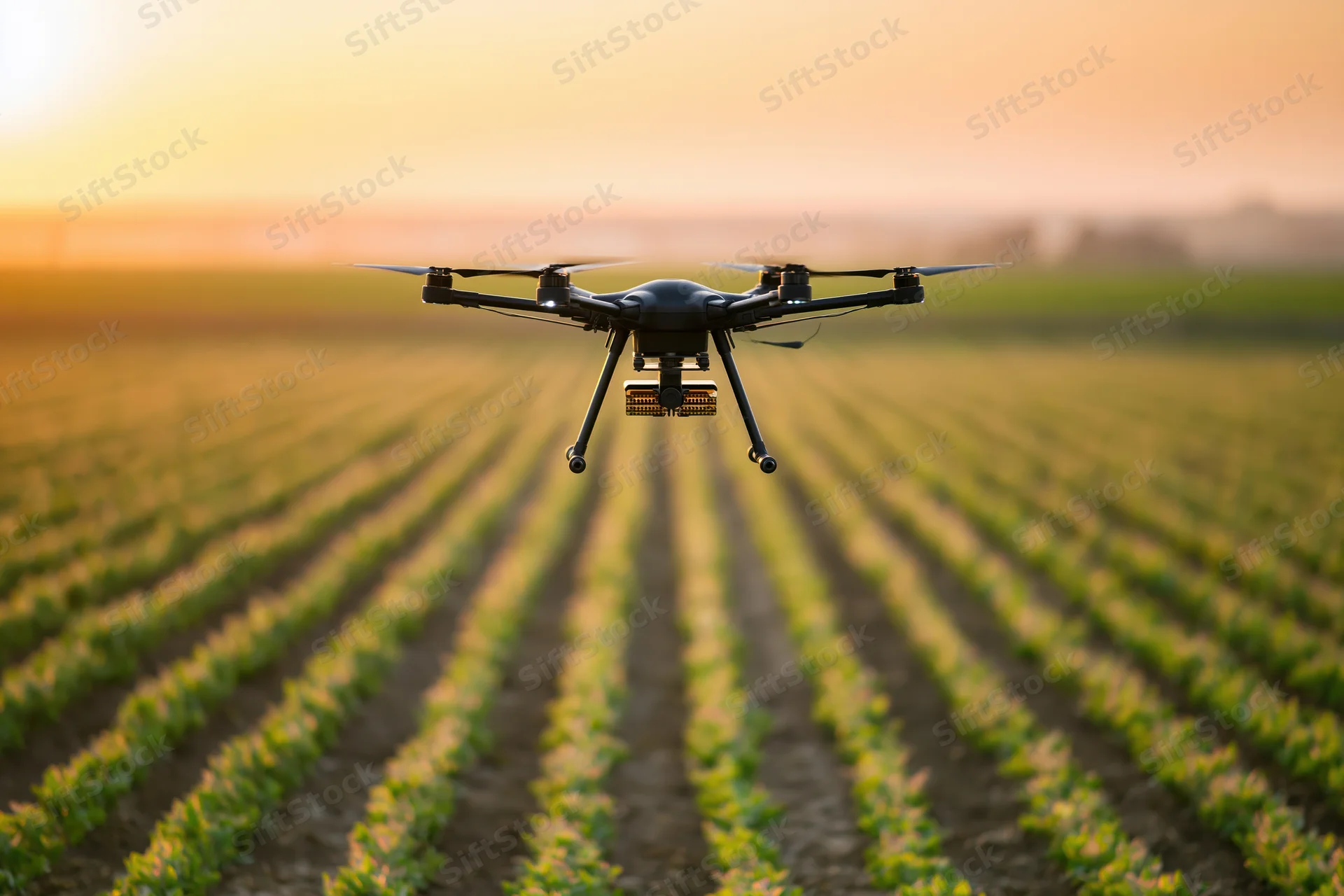 Agricultural hexacopter drone hovering low over neat rows of crops in a field at sunset