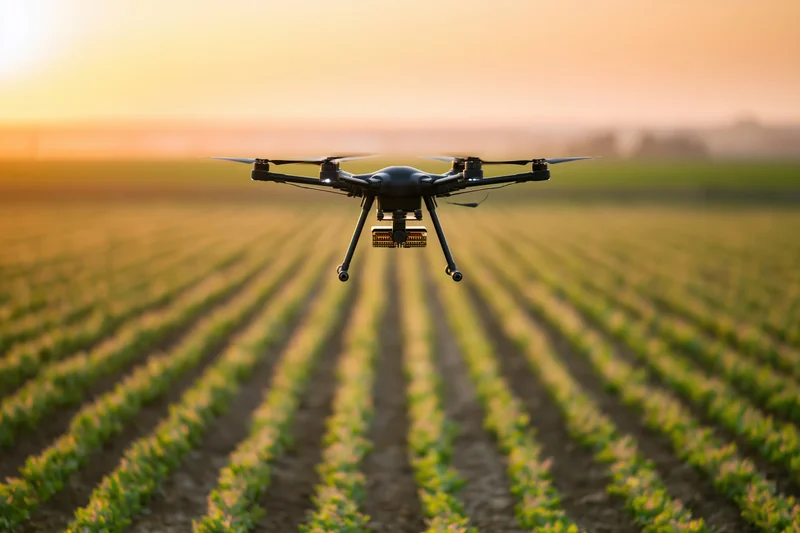 Agricultural hexacopter drone hovering low over neat rows of crops in a field at sunset